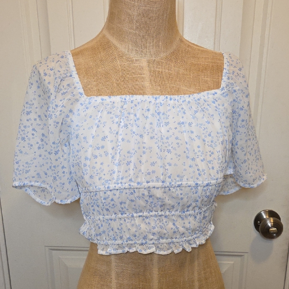 Hollister Blue and White Floral Crop Top